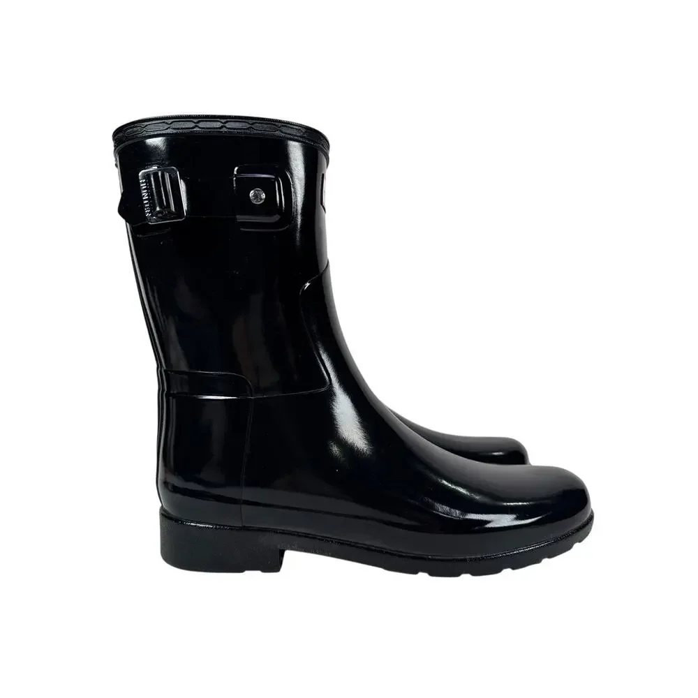 Hunter Original Short Gloss Rain Boots Womens 9 Black Shiny Rubber Adjustable‎